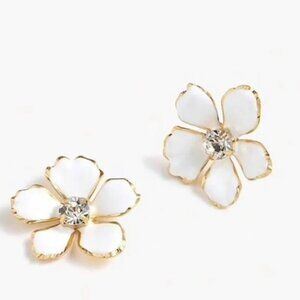 J. Crew White Enamel Flower Earrings With Crystal Center & Gold Trim  Hypoall